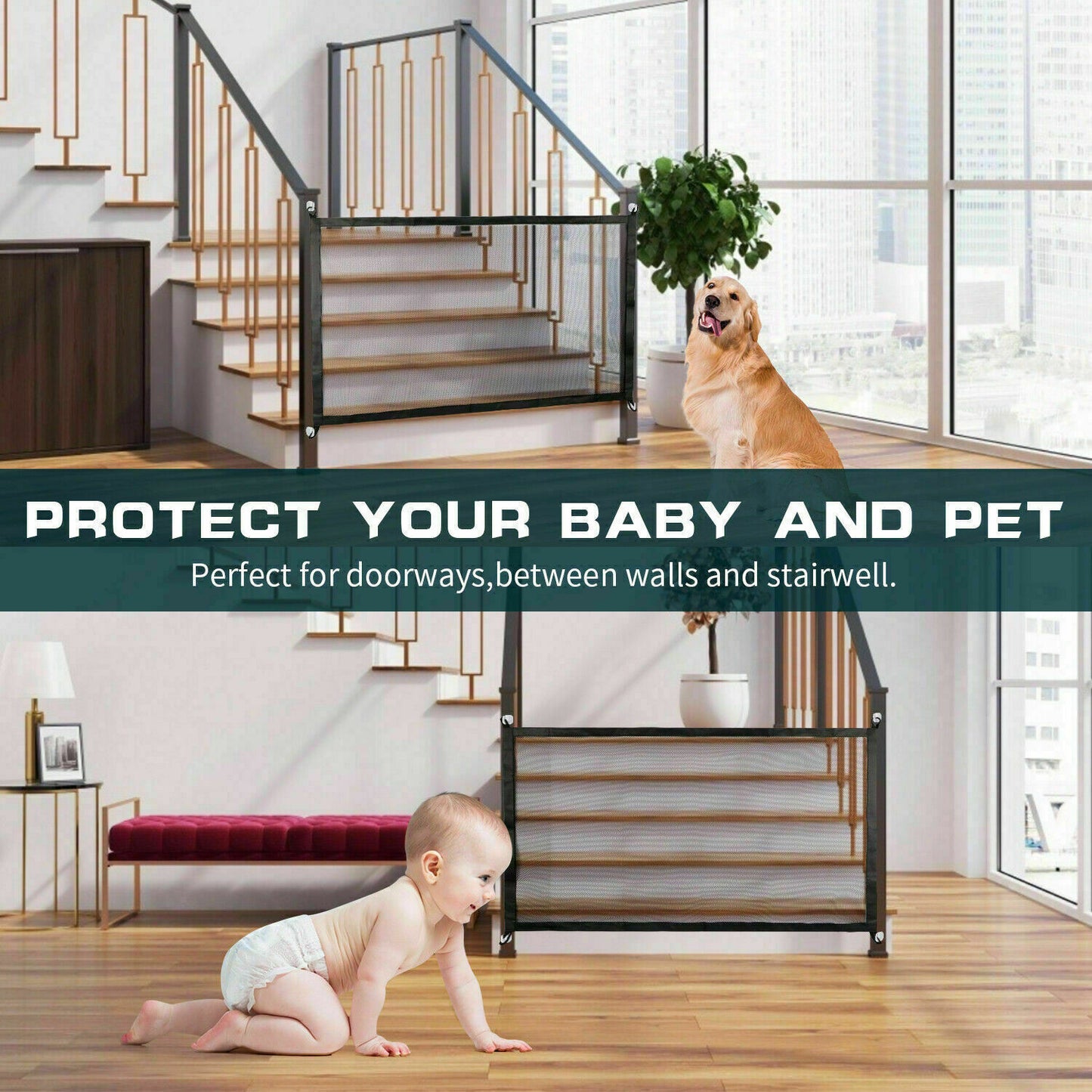 Pets Dog Cat Baby Safety Gate Mesh Fence Magic Portable Guard Net Stairs Doors - Paw Pet